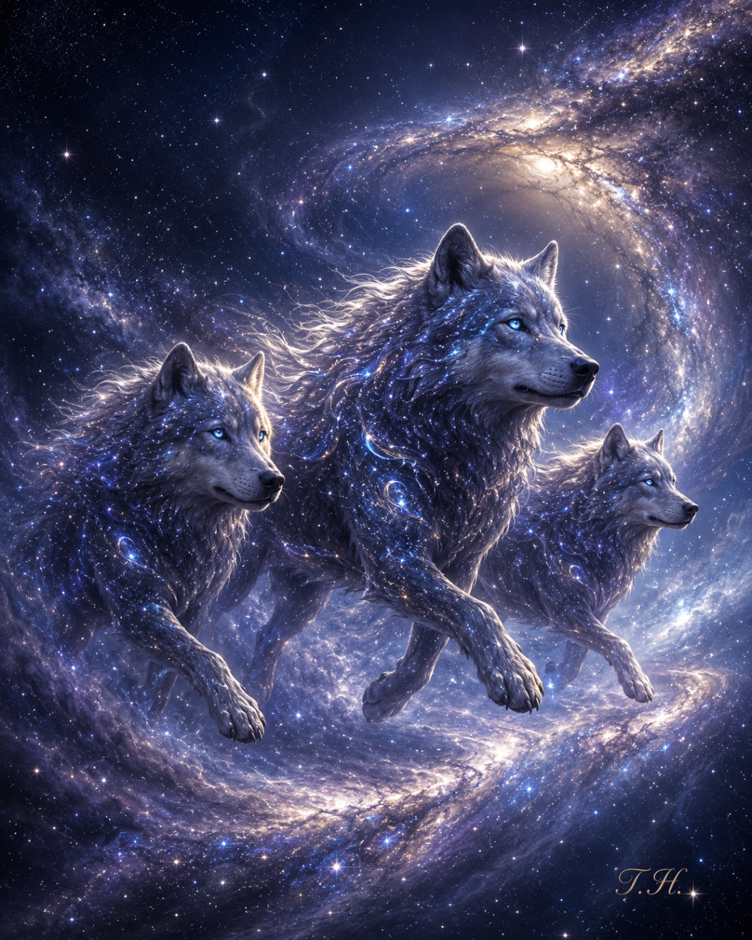 A cosmic wolf pack racing through a spiral galaxy under cold blue starlight
