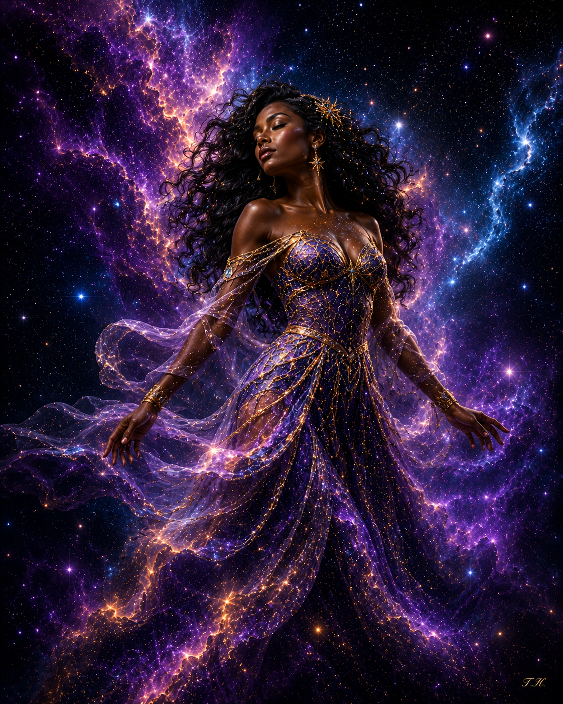 Celestial queen rising within a cosmic embrace of purple and gold nebulae
