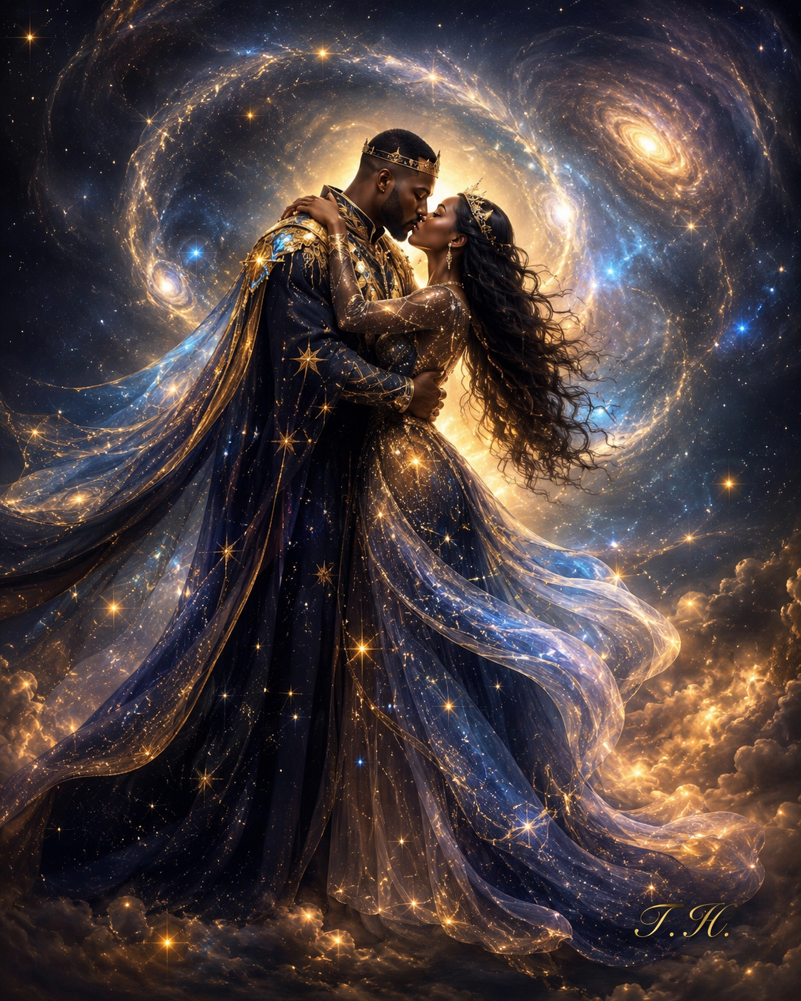Royal Embrace — a crowned king and queen kissing beneath a vast spiral galaxy