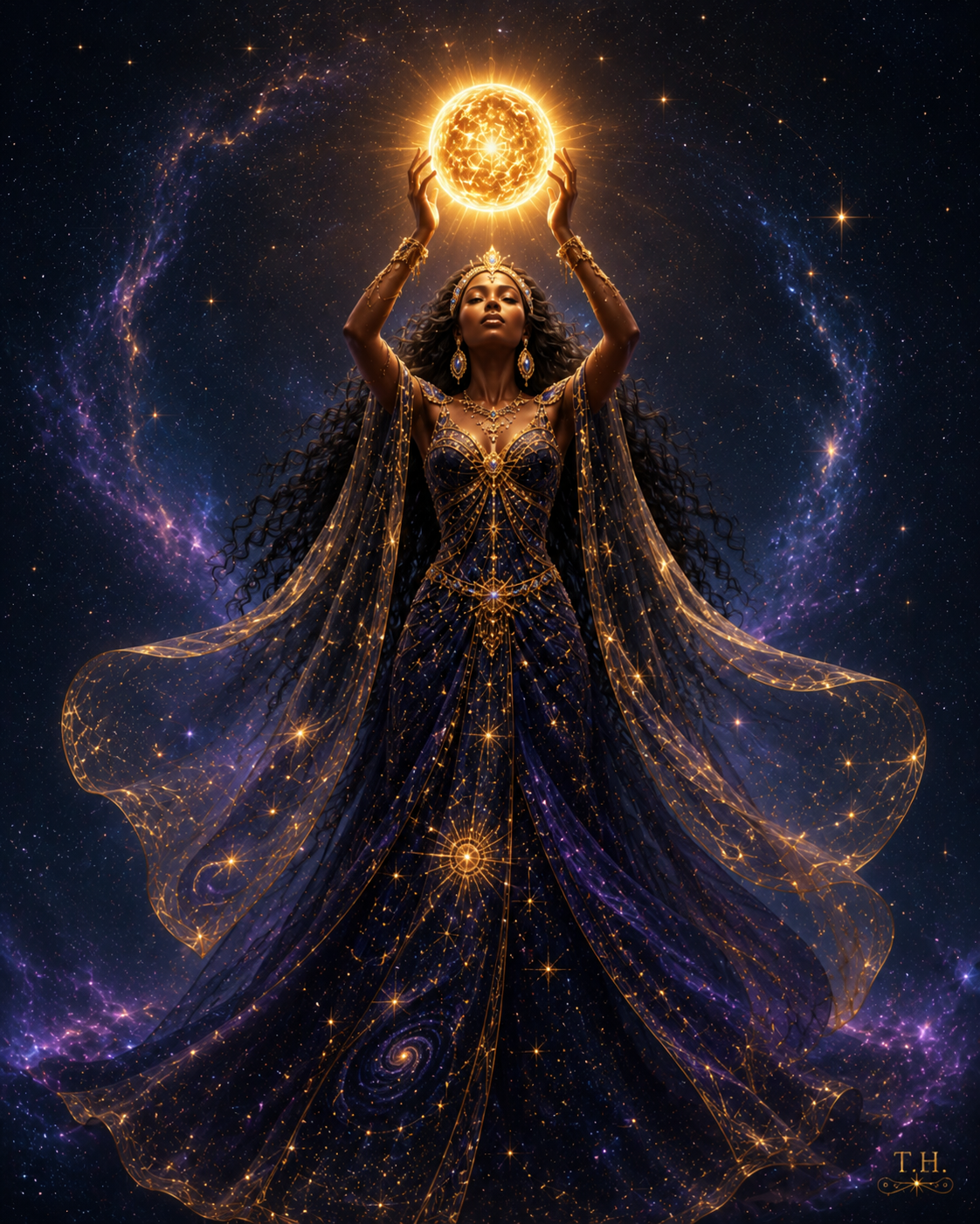 Queen of the Cosmos — a celestial goddess scattering stars from a cosmic vessel amid luminous light