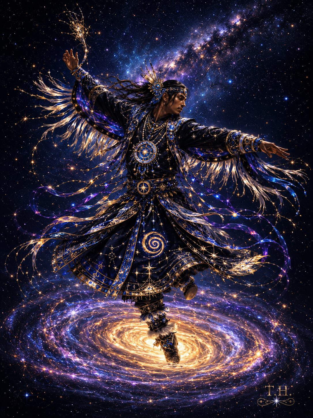 King of the Starlit Dance whirling above a luminous galaxy in jeweled robes