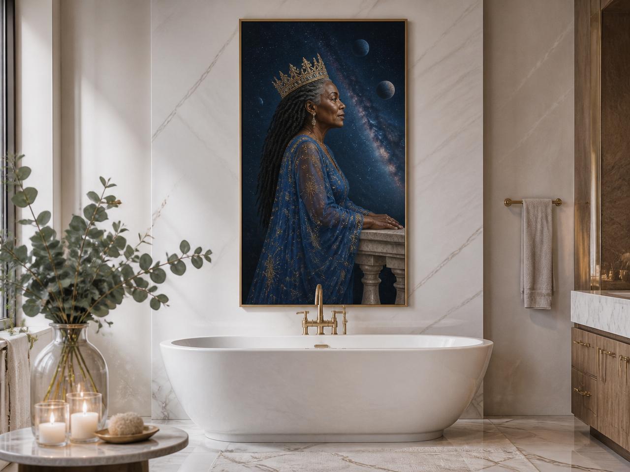 Regal Queen of the Cosmos II framed above a freestanding tub in a marble spa bathroom
