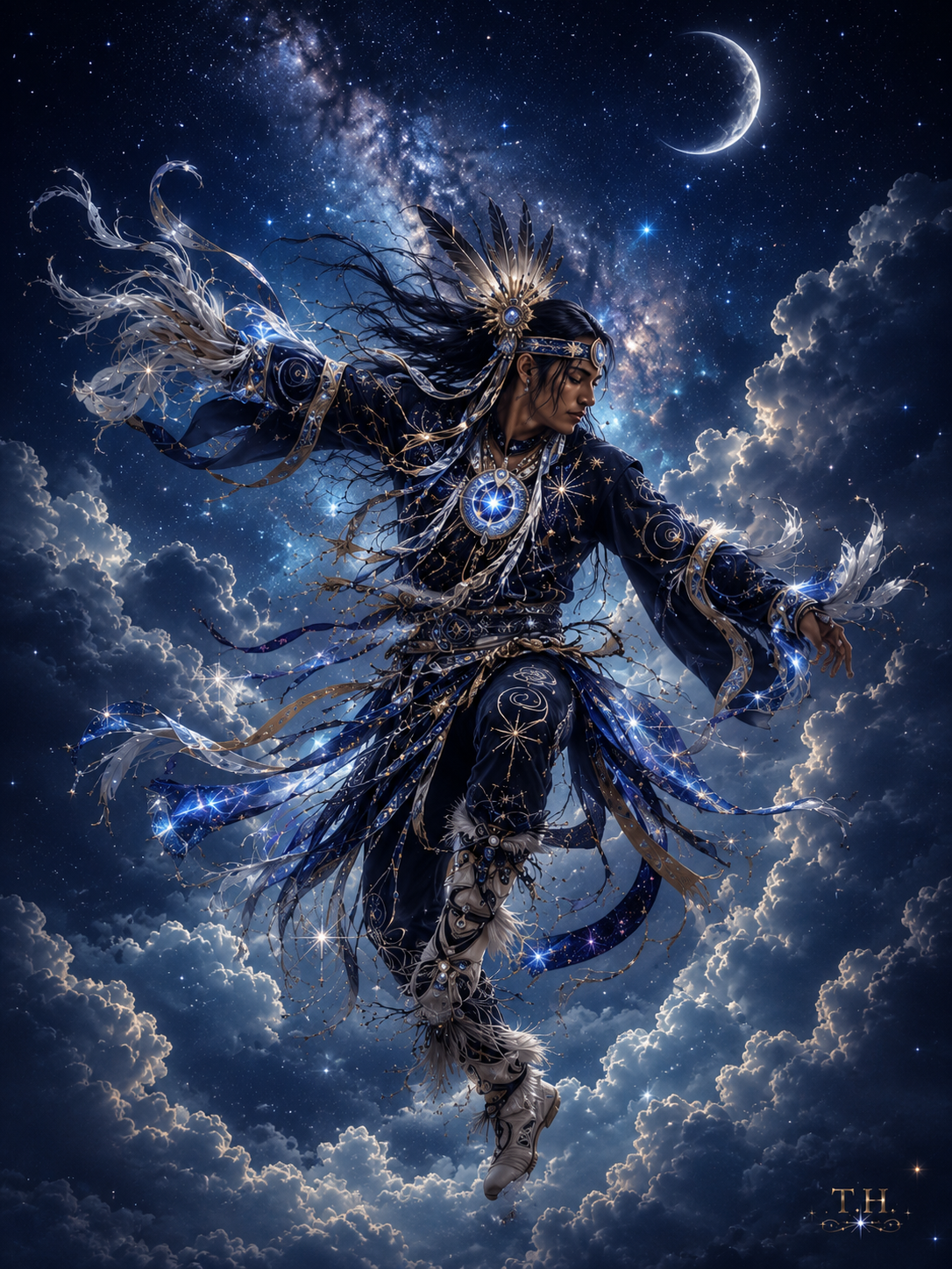 He who dances among the stars — a celestial dancer in star-woven regalia among moonlit clouds