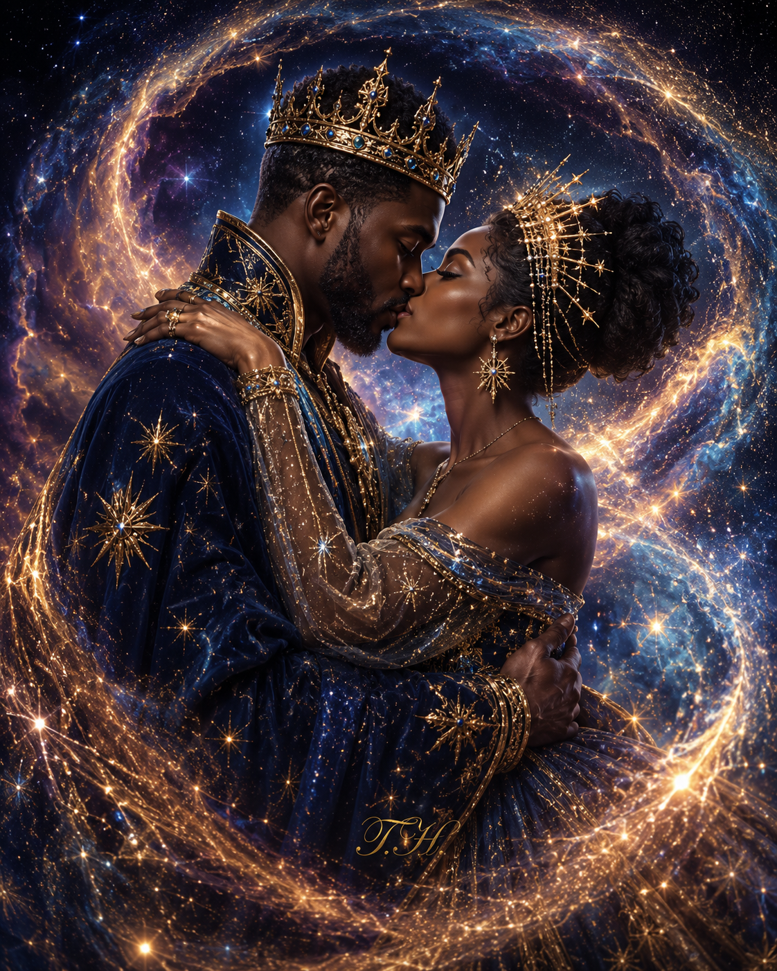 Cosmic Love — a king and queen in jeweled regalia kissing within a swirling nebula