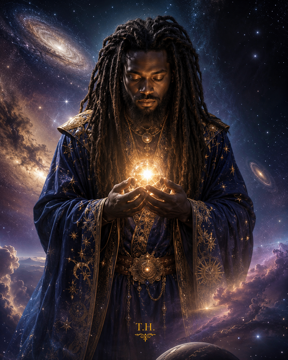 Creator of the Stars holding a radiant celestial orb between his hands