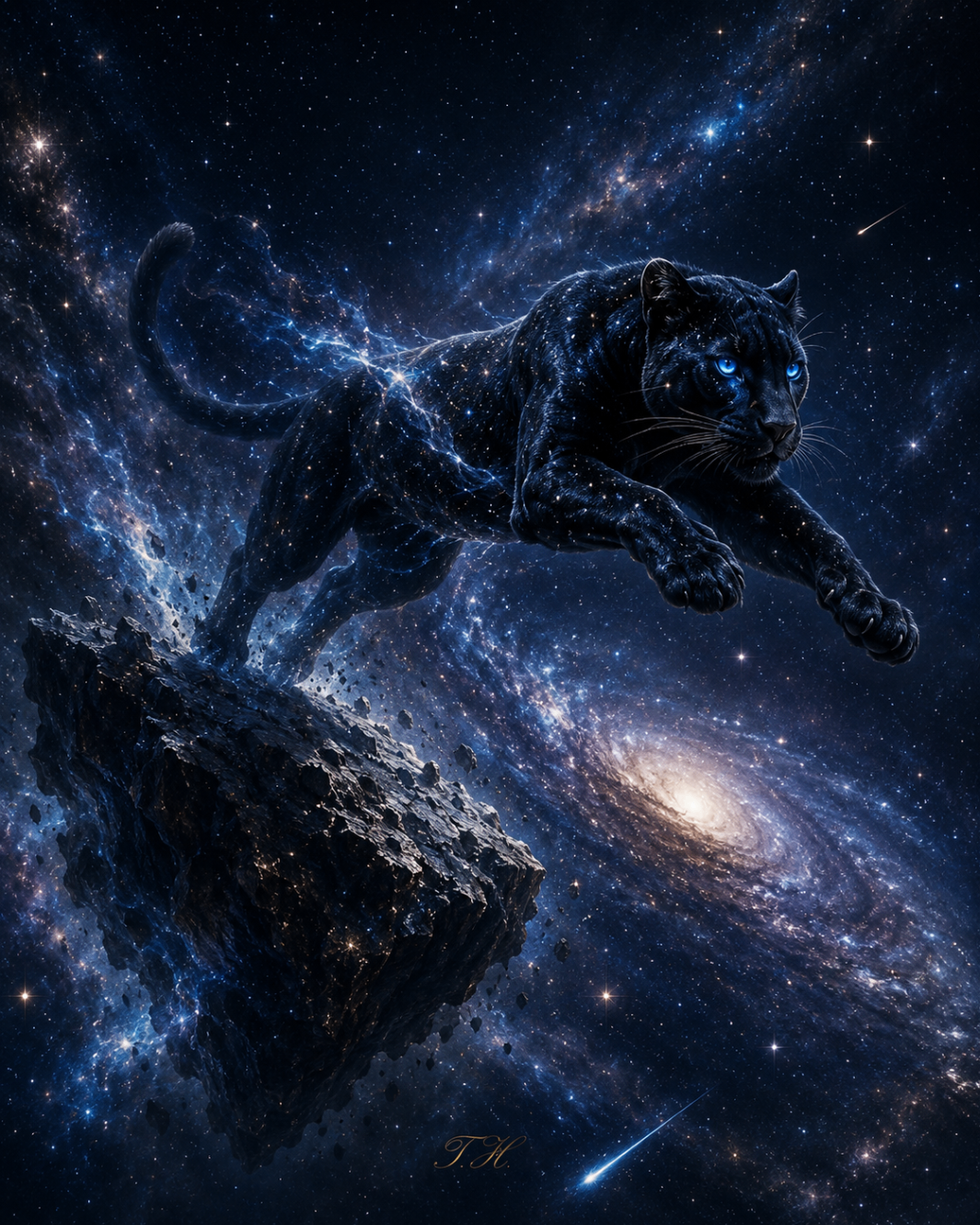 Cosmic Leap of the Panther — a black panther leaping from a floating rock through deep space