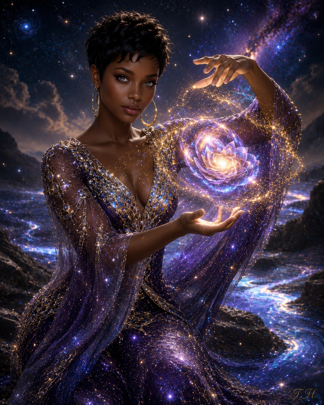 Weaver of the Galaxies — a sorceress conjuring a luminous galactic bloom above a starlit shore