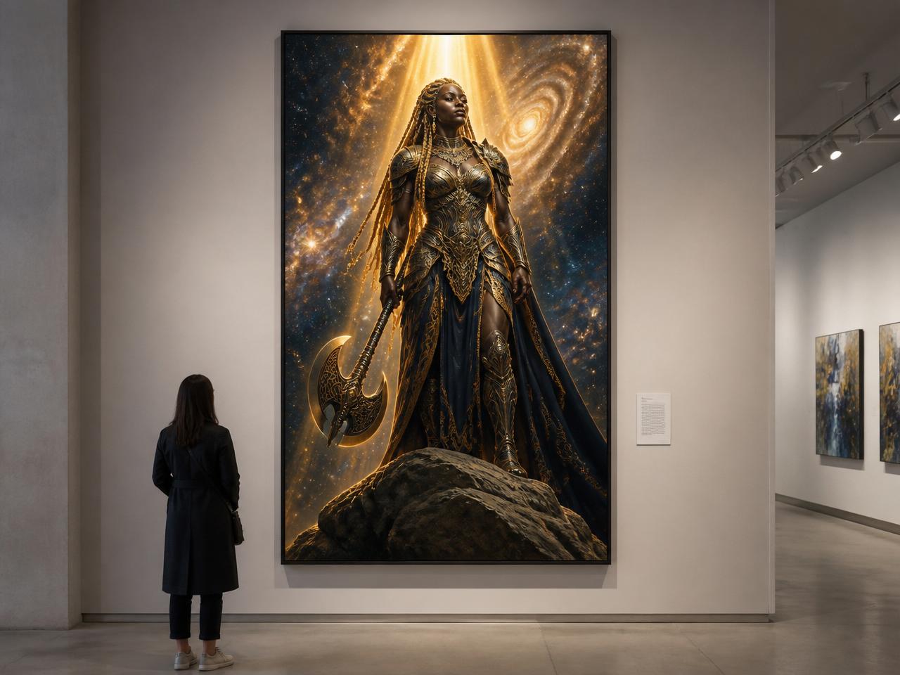 Cosmic Warrior under Divine Light as a monumental framed work in a contemporary museum gallery