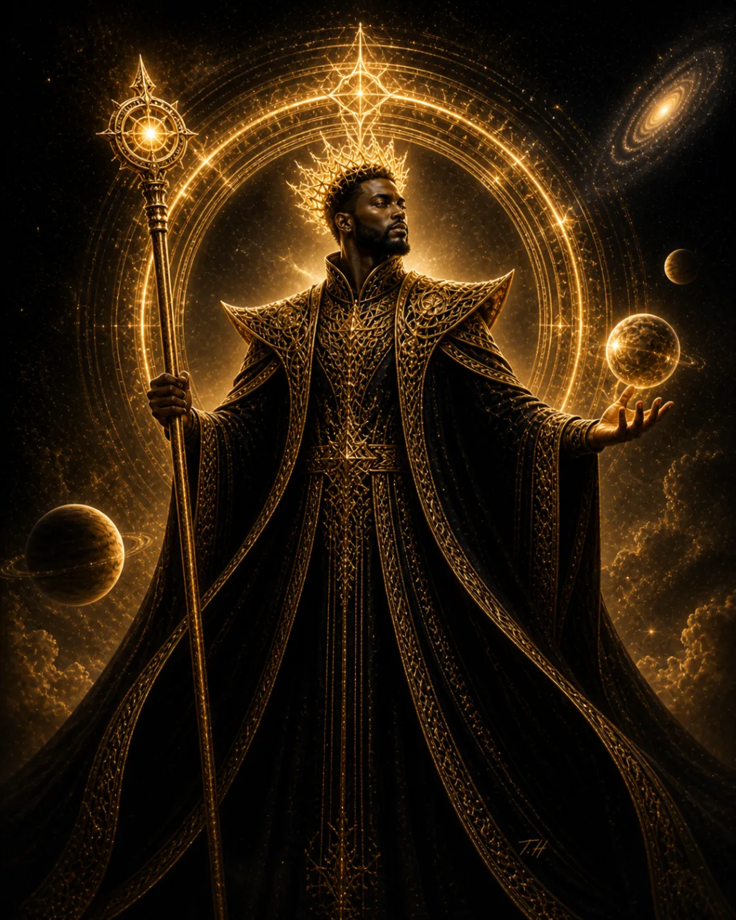 Cosmic king at the golden portal holding a glowing planet