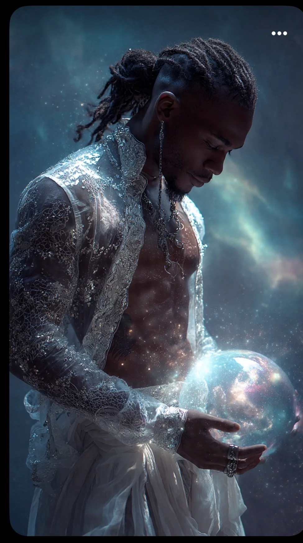 Cosmic king cradling a luminous galaxy in lace and starlight