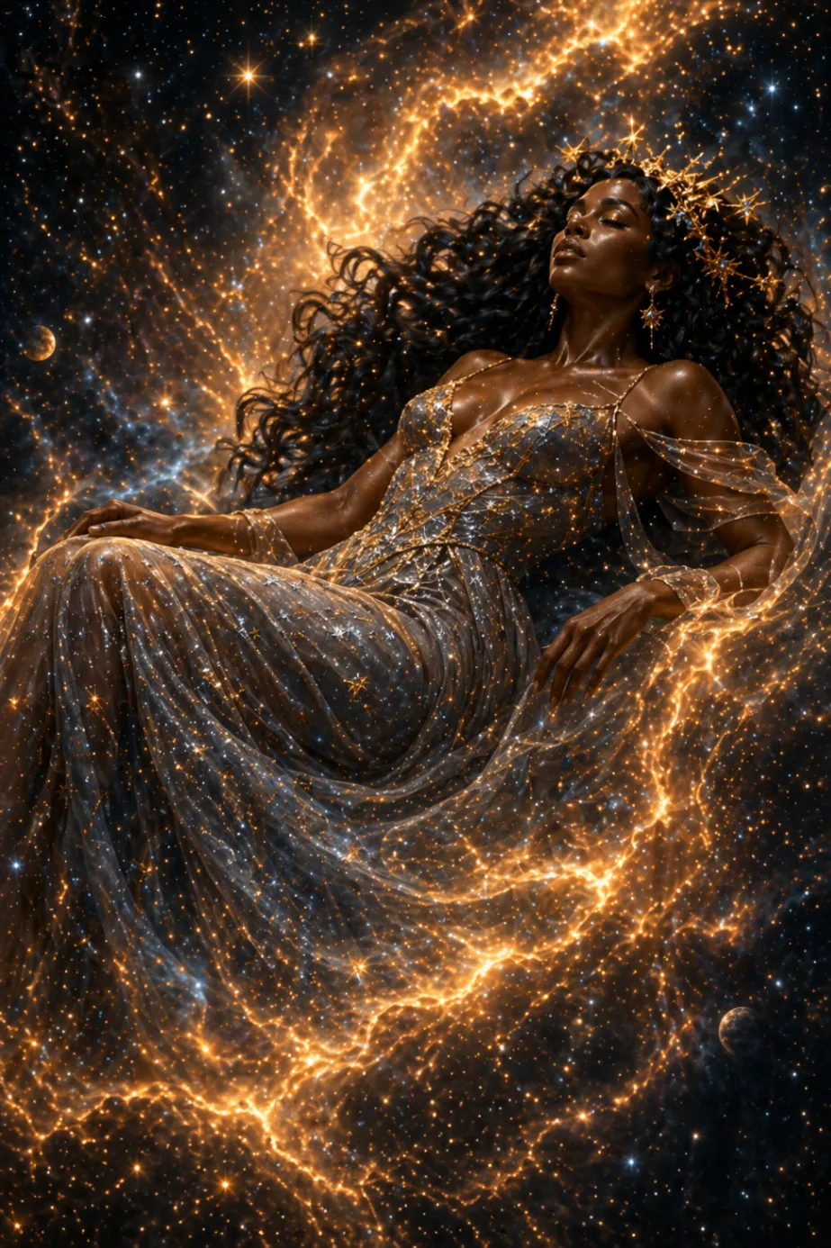 Daughter of the Nebula resting in a field of golden cosmic light