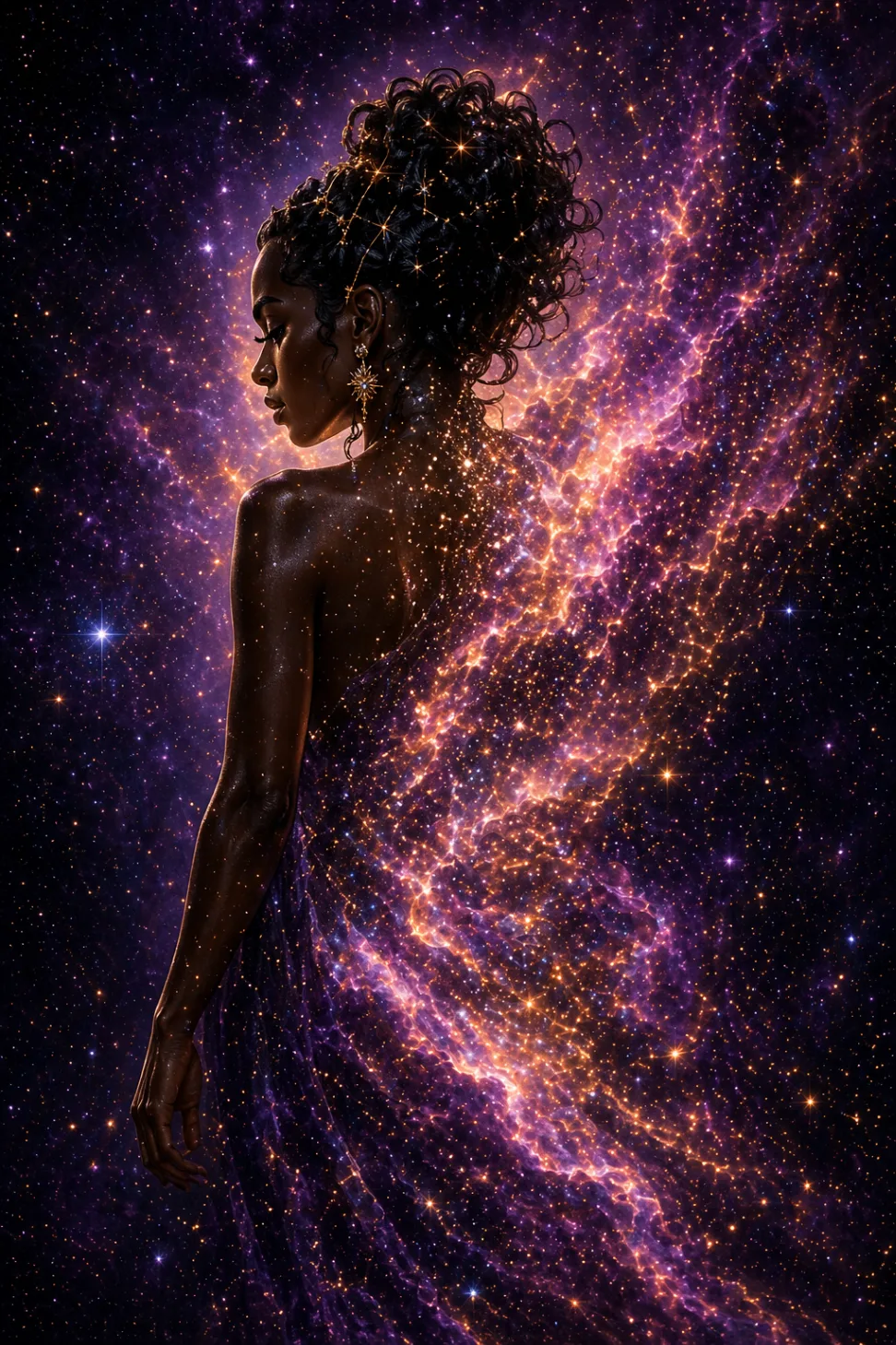 Born from the Galaxy — a celestial being with violet cosmic energy trailing behind