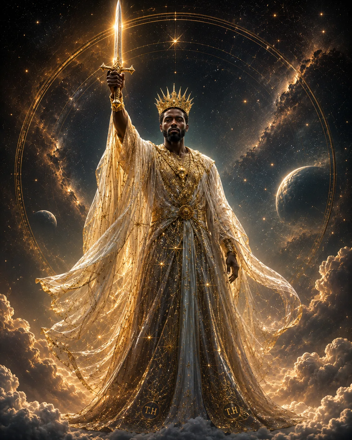 Divine King of the Cosmos raising a luminous sword amid stars and planets