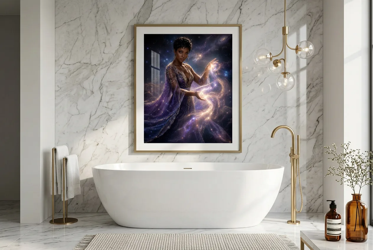 Weaver of the Milky Way framed above a freestanding tub in a marble spa bathroom