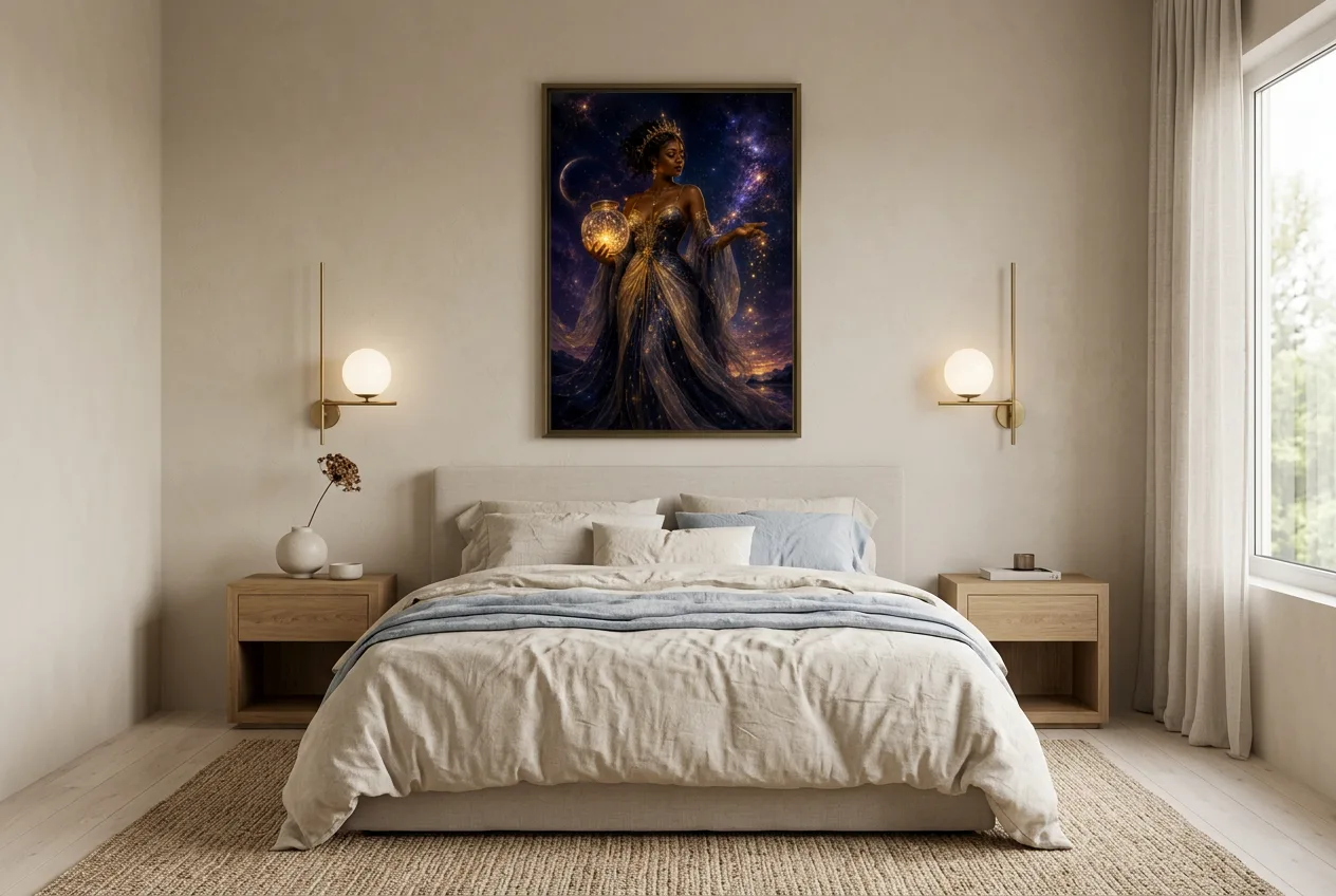 Celestial Goddess with Jar of Stars framed above a linen bed in a serene neutral bedroom