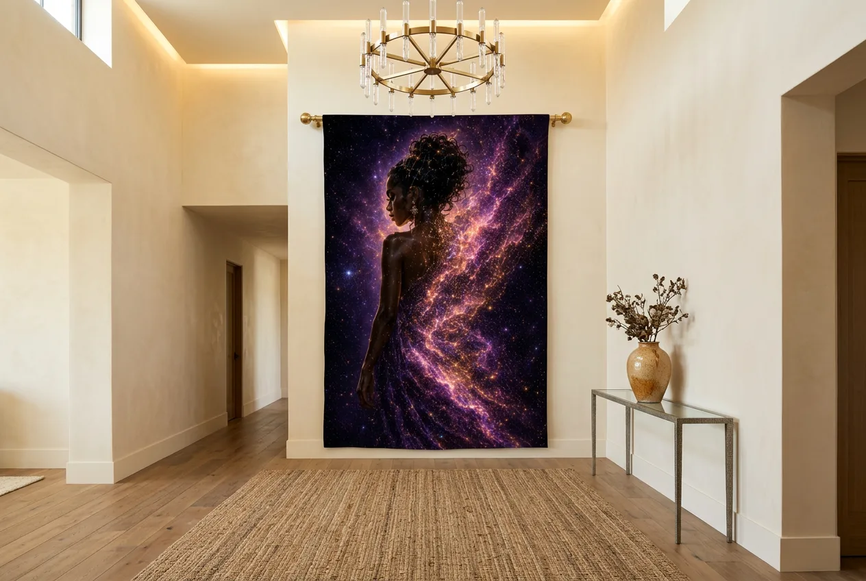 Daughters of the Nebula as a floor-length tapestry in a grand cream-plaster entryway