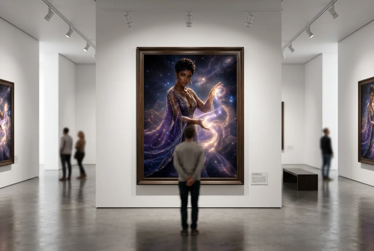 Weaver of the Milky Way displayed as a monumental framed work in a contemporary museum gallery